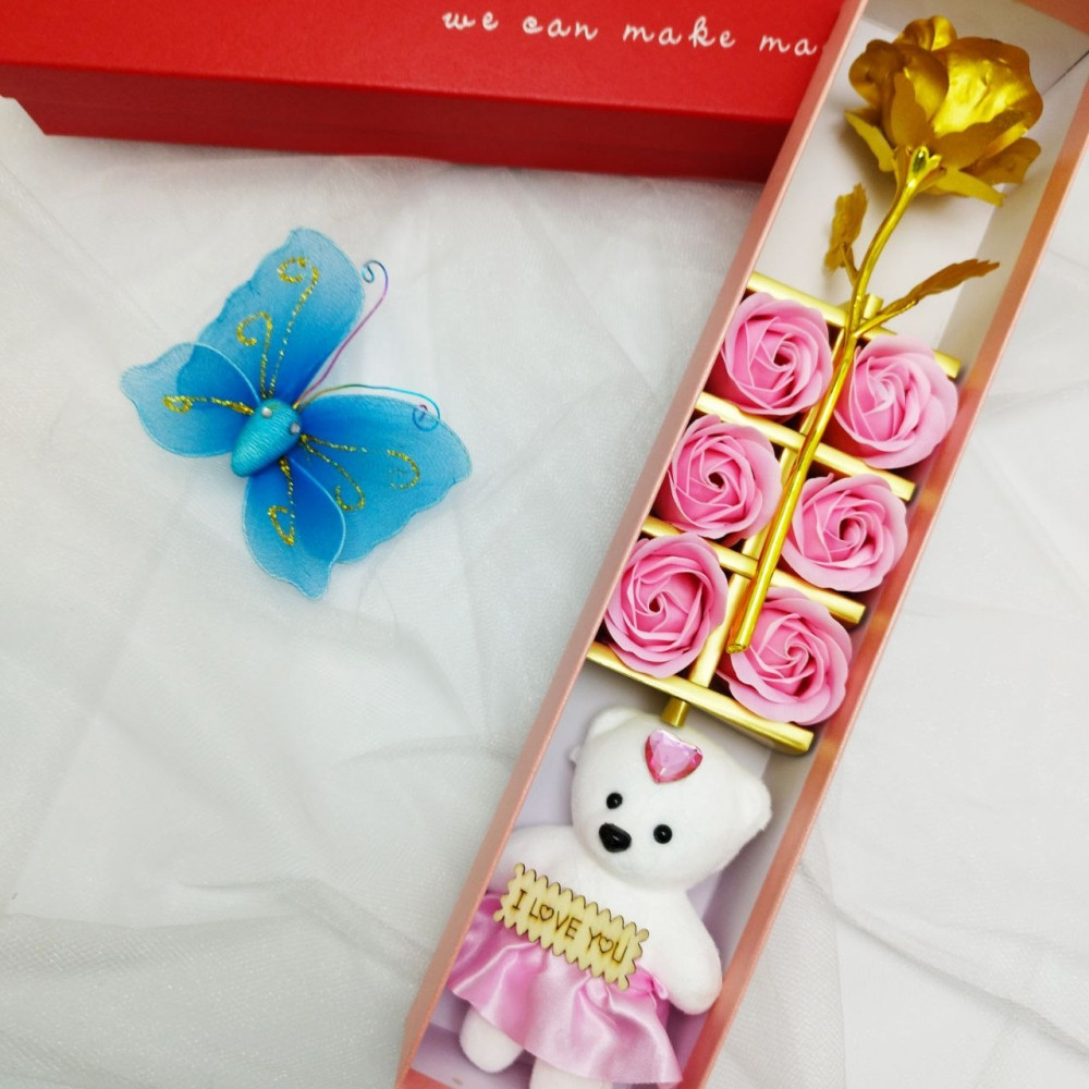 Подарочный набор из Мишки, мыльных роз и фольгированной розы / Подарок 8в1 в коробке Розовый - фото 5 - id-p222818712