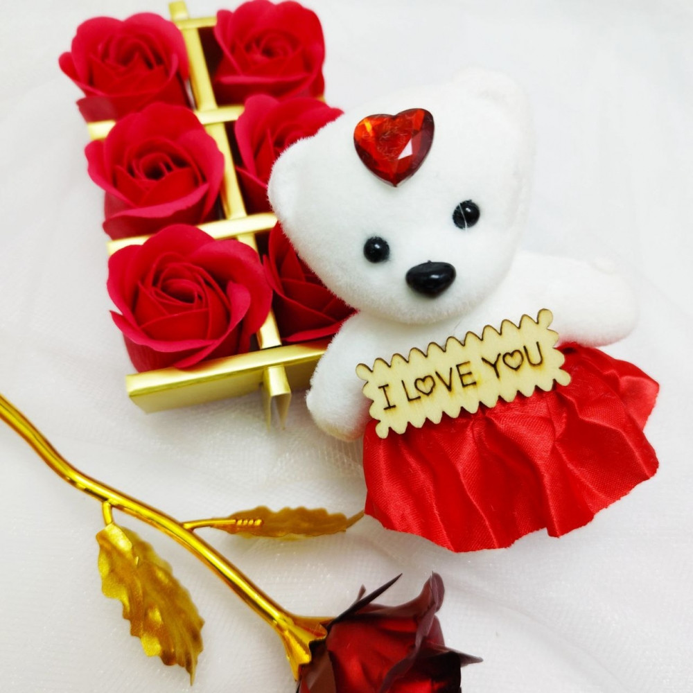 Подарочный набор из Мишки, мыльных роз и фольгированной розы / Подарок 8в1 в коробке Розовый - фото 6 - id-p222818712