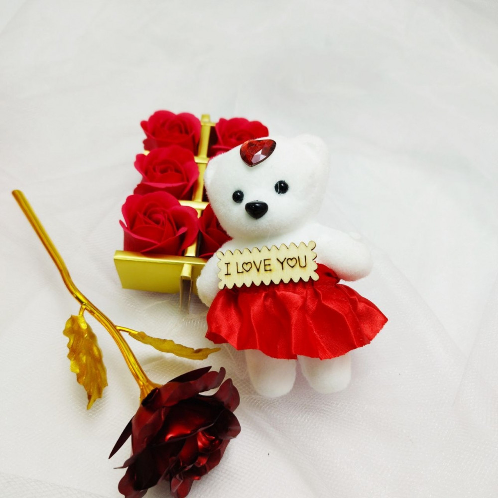 Подарочный набор из Мишки, мыльных роз и фольгированной розы / Подарок 8в1 в коробке Розовый - фото 7 - id-p222818712