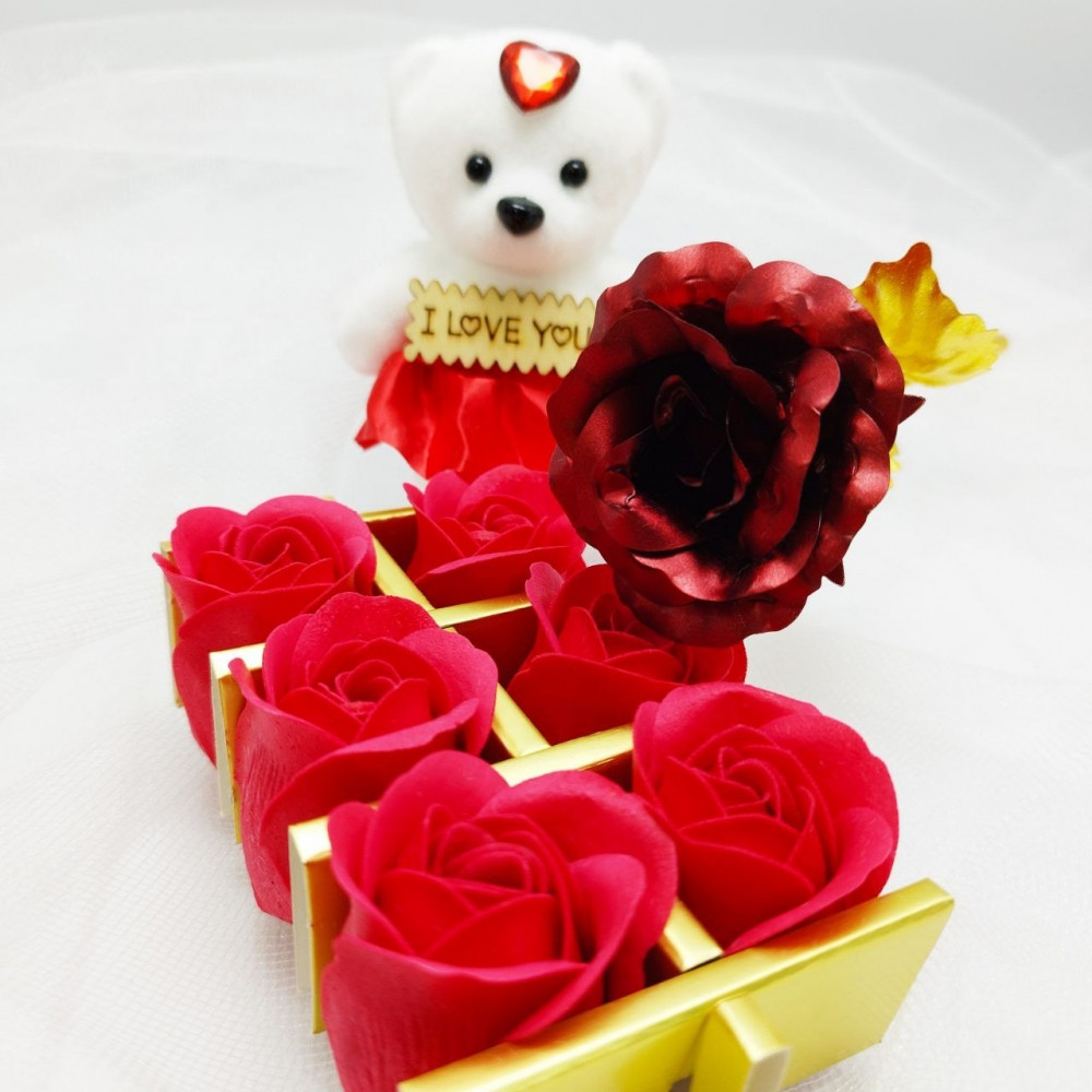Подарочный набор из Мишки, мыльных роз и фольгированной розы / Подарок 8в1 в коробке Розовый - фото 8 - id-p222818712