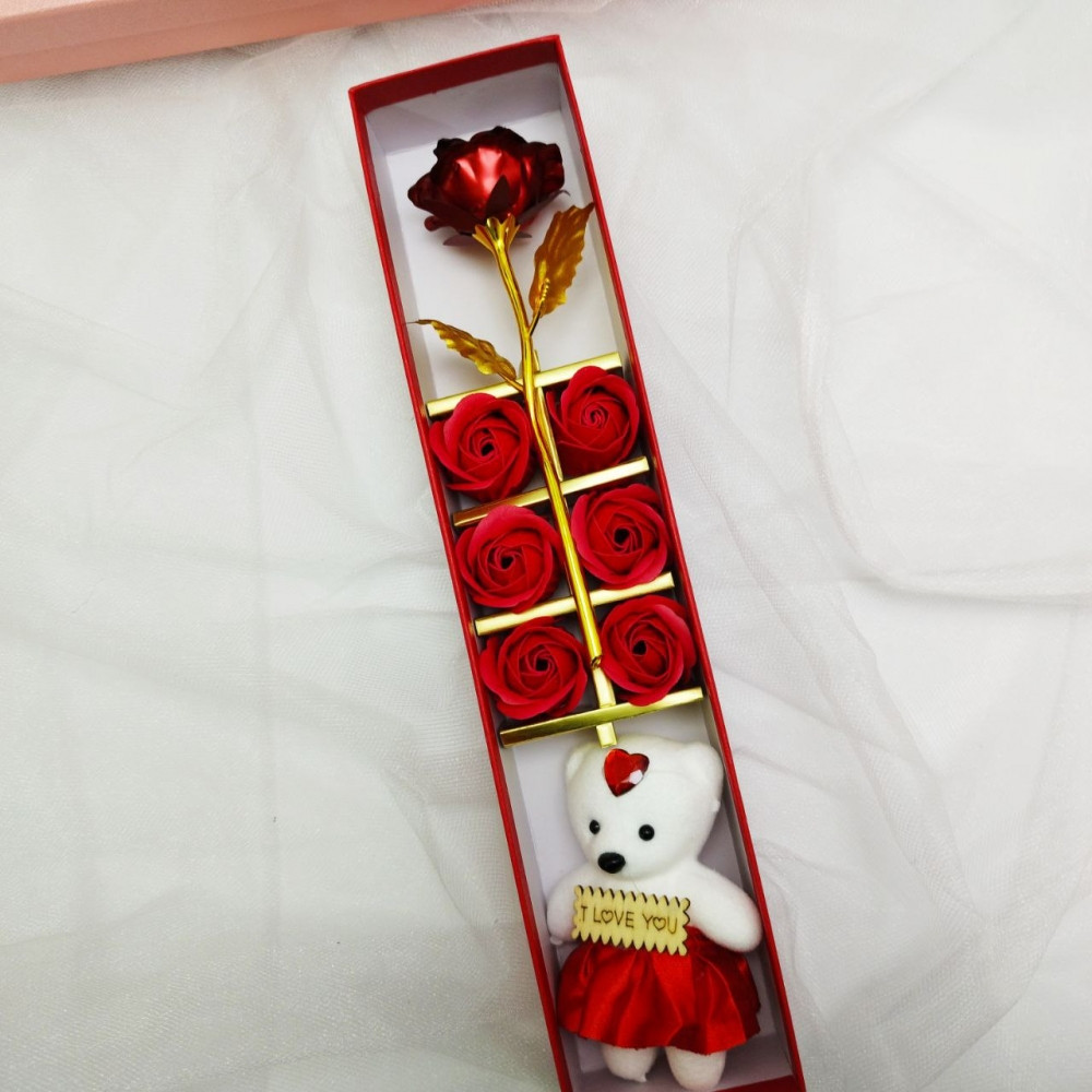 Подарочный набор из Мишки, мыльных роз и фольгированной розы / Подарок 8в1 в коробке Красный - фото 3 - id-p222818713