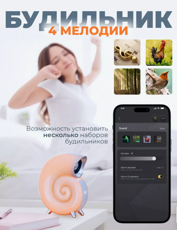 Беспроводная мини умная смарт колонка 4 в 1 с блютуз Conch Music Light, 256 режимов освещения - фото 4 - id-p222819524