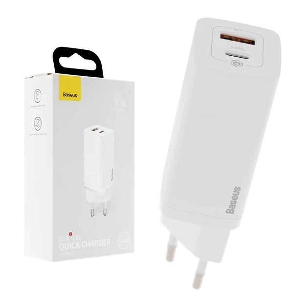Сетевое зарядное устройство Baseus GaN2 Lite Quick Charger Type-C + USB 65W, CCGAN2L-B02 Белое - фото 1 - id-p221869725