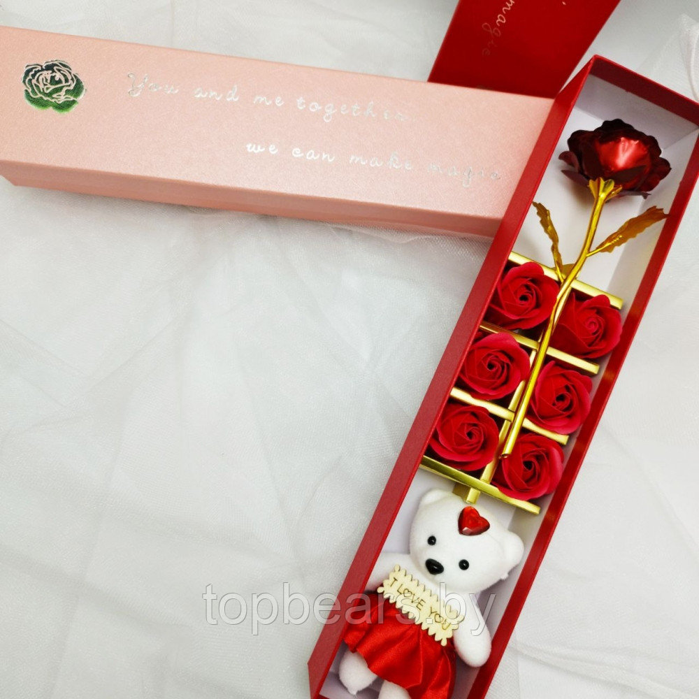 Подарочный набор из Мишки, мыльных роз и фольгированной розы / Подарок 8в1 в коробке Розовый - фото 4 - id-p222829317