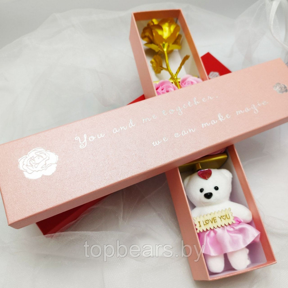 Подарочный набор из Мишки, мыльных роз и фольгированной розы / Подарок 8в1 в коробке Красный - фото 2 - id-p222829318