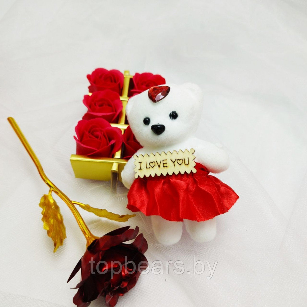 Подарочный набор из Мишки, мыльных роз и фольгированной розы / Подарок 8в1 в коробке Красный - фото 7 - id-p222829318