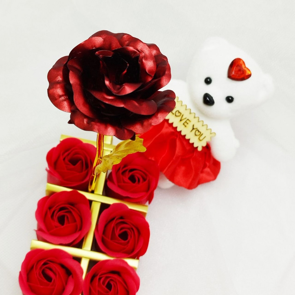 Подарочный набор из Мишки, мыльных роз и фольгированной розы / Подарок 8в1 в коробке Розовый - фото 10 - id-p222829471