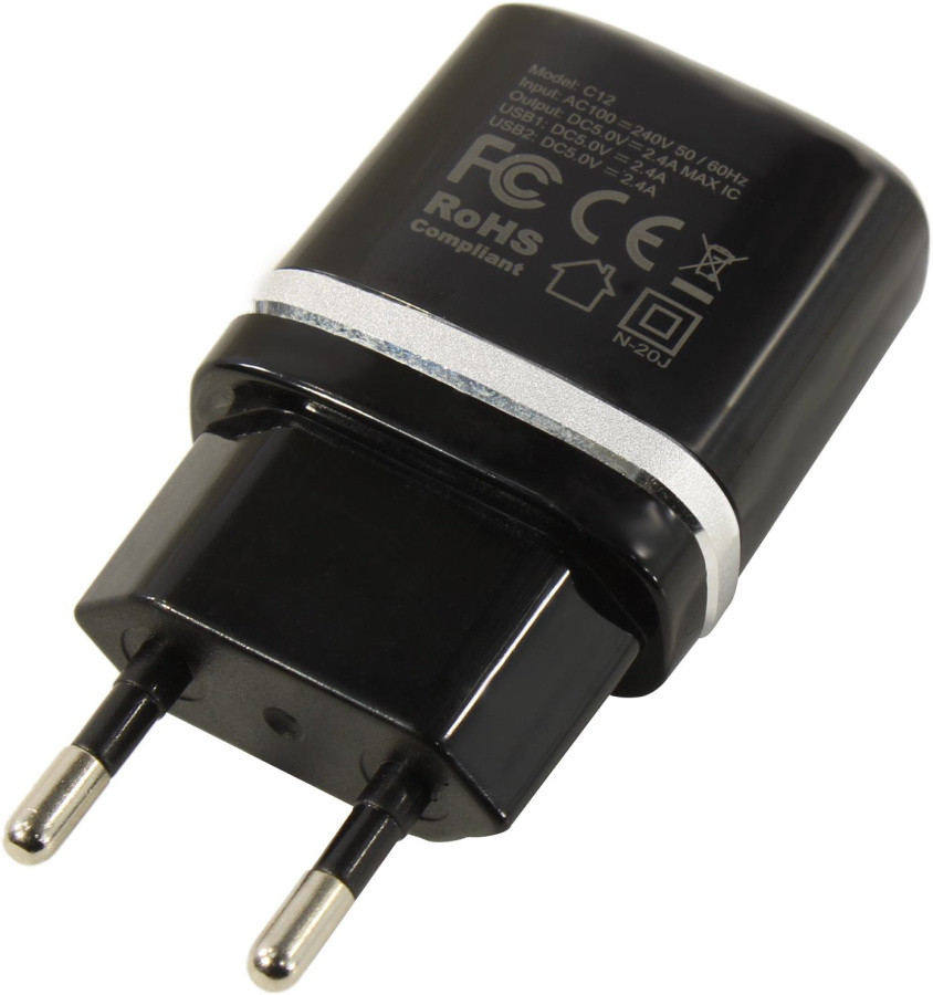 Зарядное устройство USB Hoco C12 Black (Вх. AC100-240V Вых. DC5V 2xUSB кабель Lightning) - фото 1 - id-p222831004