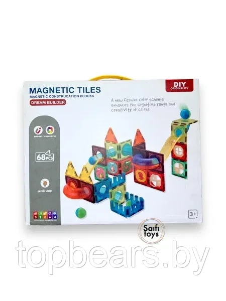 Детский магнитный конструктор Magnetic Tiles, 68 деталей, игра головоломка для детей - фото 1 - id-p222950514