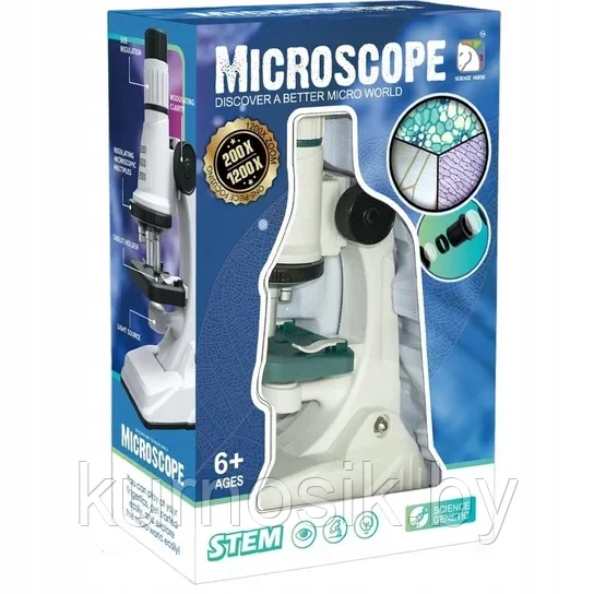 Микроскоп игрушечный с увеличением до 200x, 600х и 1200x, зеленый