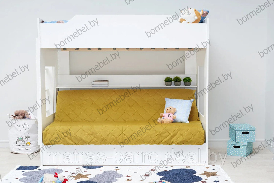 Кровать двухъярусная с диван-кроватью белая\чехол желтый - фото 2 - id-p222966691