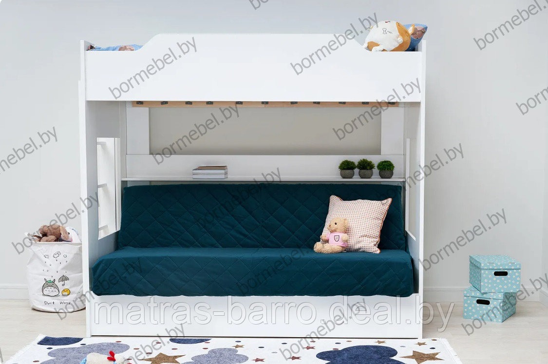 Кровать двухъярусная с диван-кроватью белая/чехол Изумруд - фото 3 - id-p222966704