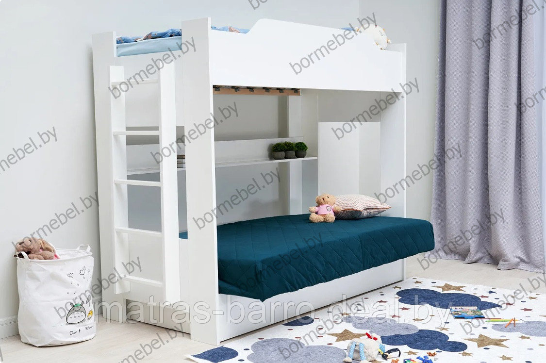 Кровать двухъярусная с диван-кроватью белая/чехол Изумруд - фото 4 - id-p222966704