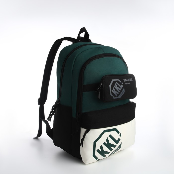 Рюкзак, 28*13*42, 2 отд на молнии, 1 н/к, 2 б/к, сумка на ремень, черный/зеленый - фото 1 - id-p222970210