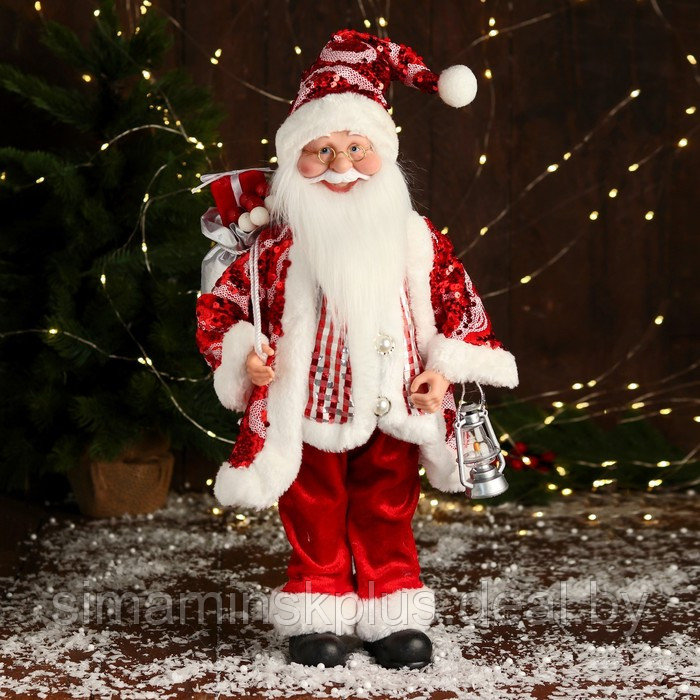 Дед Мороз "В полосатом жилете" музыка шевелит головой, 43 см, красный - фото 1 - id-p222972331