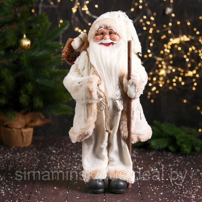 Дед Мороз "В пушистой шубе, посохом и мешком" 47 см, белый - фото 1 - id-p222972332
