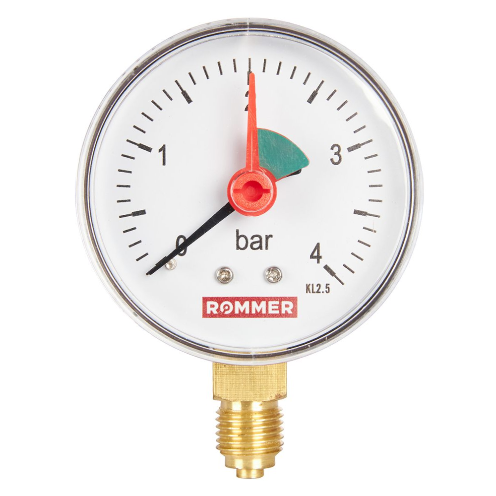 Rommer Dn 63 мм, 0-4 бар, 1/4" манометр радиальный с указателем предела - фото 1 - id-p222975965