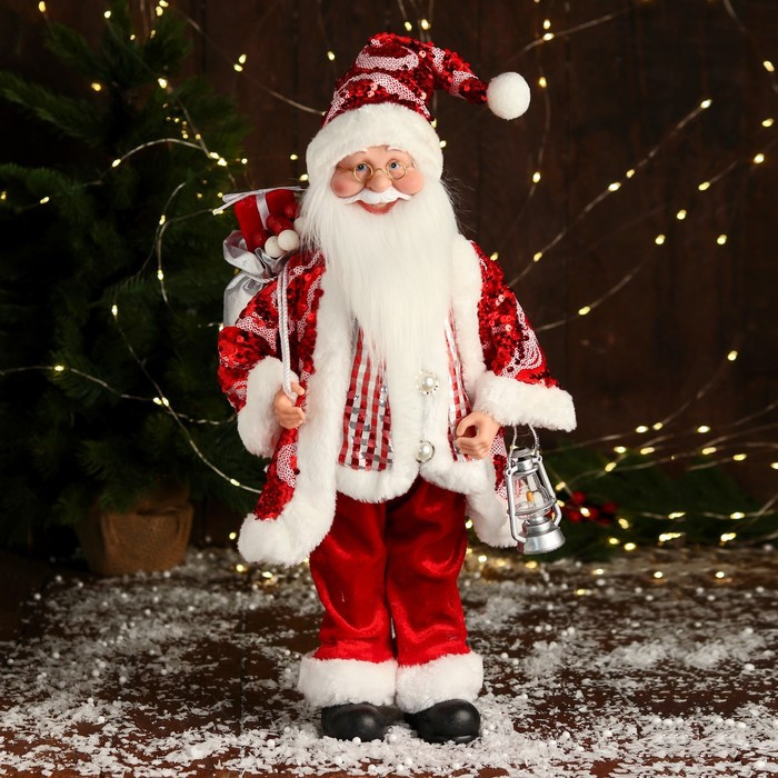 Дед Мороз "В полосатом жилете" музыка шевелит головой, 43 см, красный - фото 1 - id-p222993943