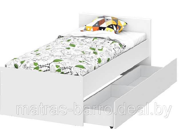 Кровать односпальная Токио с основанием и выкатным ящиком (белый текстурный) - фото 1 - id-p178268615