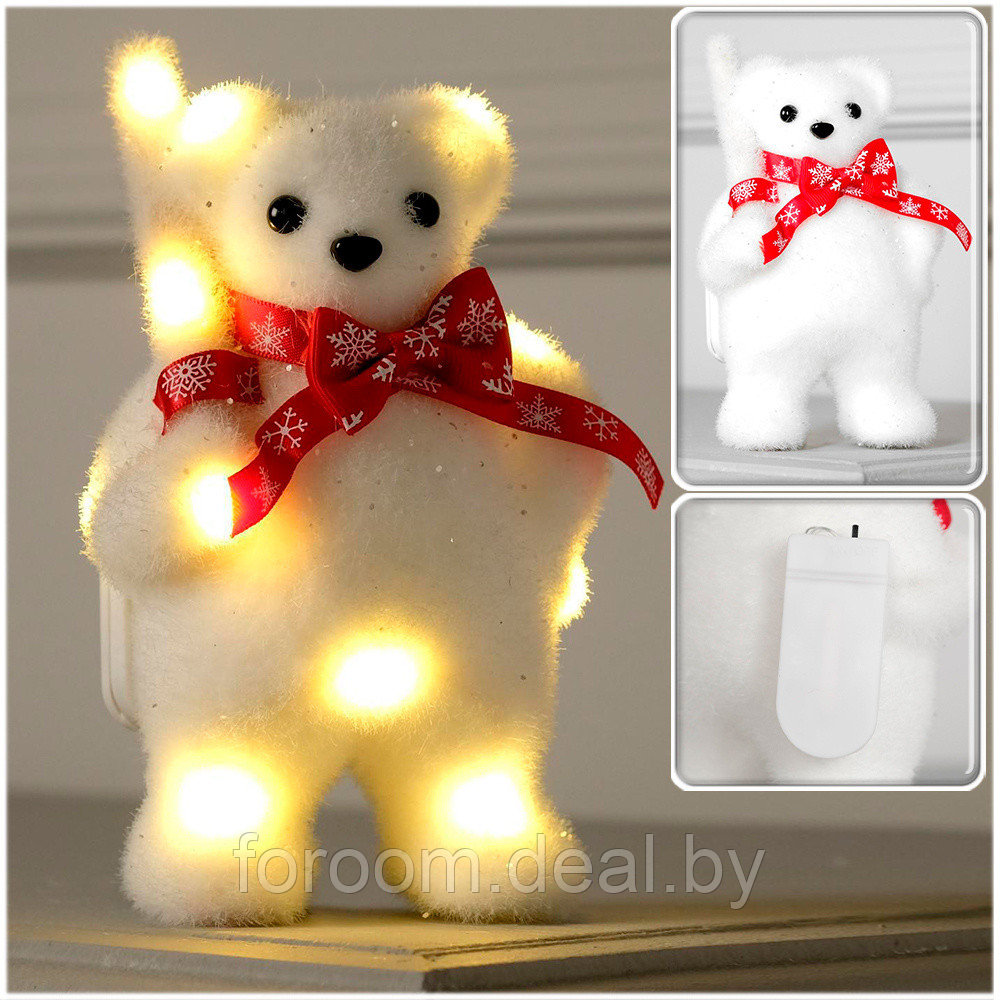 Фигура световая "Медведь с посохом в шарфе" 9x6x(h)15см, флоковое покрытие, белый тёплый свет, от батареек - фото 1 - id-p223001822
