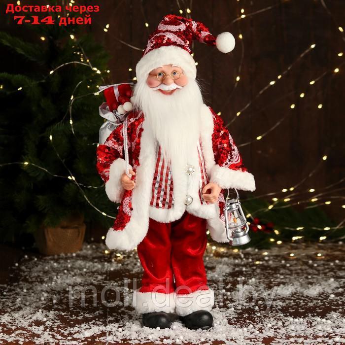 Дед Мороз "В полосатом жилете" музыка шевелит головой, 43 см, красный - фото 1 - id-p222989296