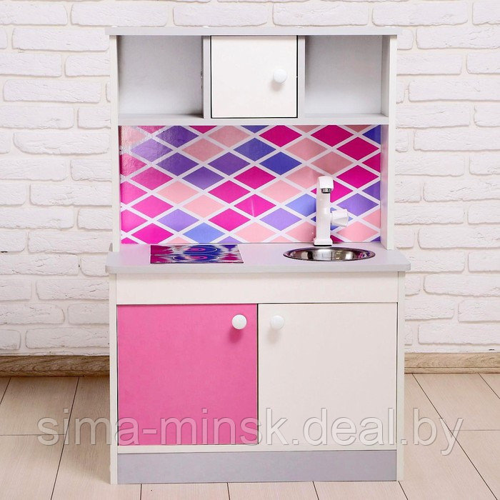 Игровая мебель «Детская кухня», цвет корпуса бело-серый, цвет фасада бело-малиновый, фартук ромб - фото 7 - id-p223018521