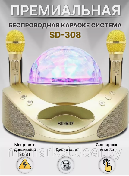 Караоке система для дома SDRD SD-308 с 2 микрофонами и дискошаром - фото 1 - id-p223021220