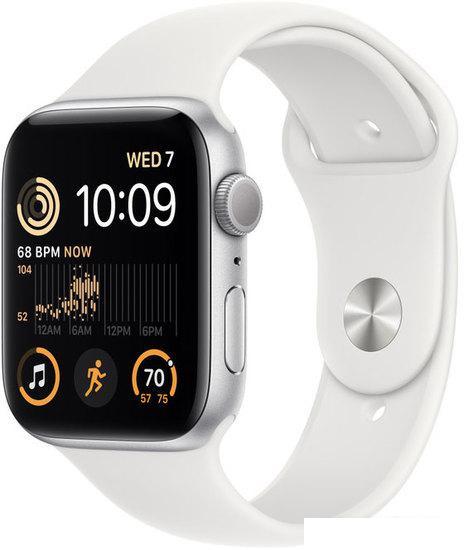 Умные часы Apple Watch SE 2 44 мм (алюминиевый корпус, серебристый/белый, спортивный силиконовый рем - фото 1 - id-p222143076