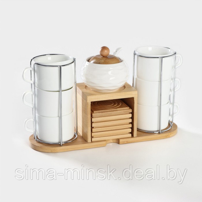 Набор чайный керамический на деревянной подставке BellaTenero, 13 предметов: 6 чашек 150 мл, сахарница с - фото 3 - id-p223030078