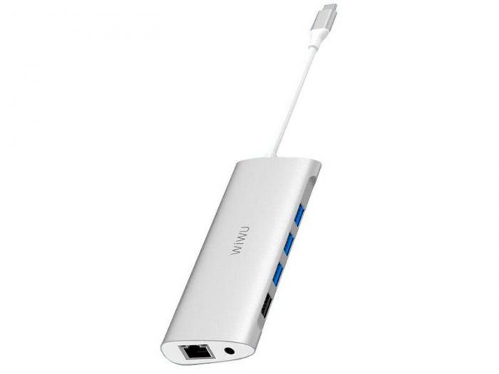 Хаб USB Wiwu Alpha 11 in 1 Type-C - 3xUSB 3.0 / USB 2.0 / Type C / RJ45 / HDMI / VGA / AUX 3.35mm Silver - фото 1 - id-p223033787