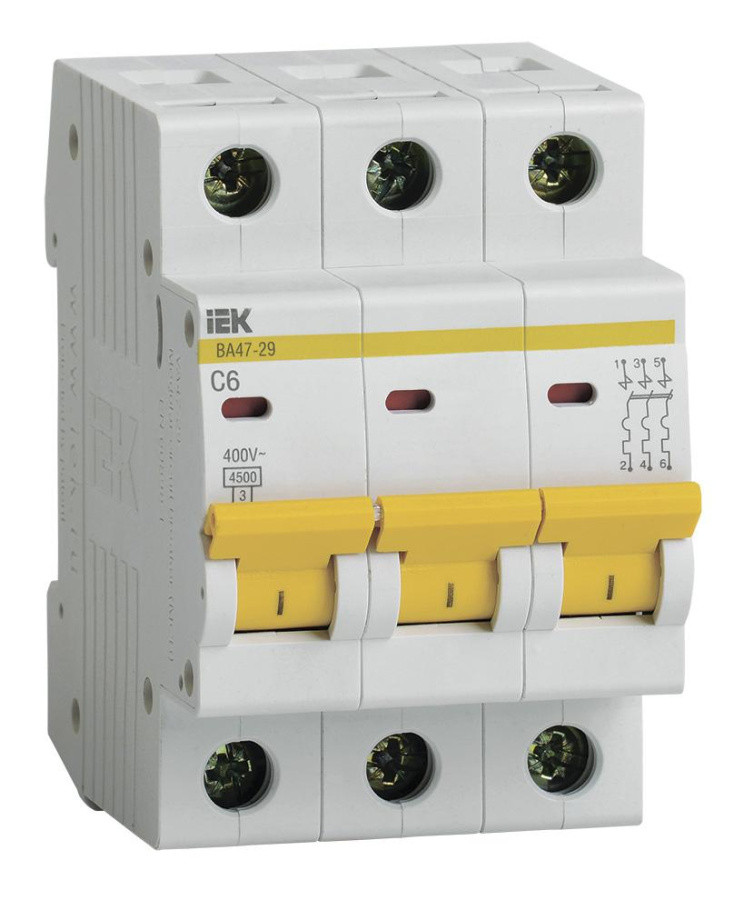 Выключатель автоматический IEK MVA20-3-006-C ВА47-29 6A тип C 4.5kA 3П 400В 3мод белый (упак.:1шт) - фото 1 - id-p223038702