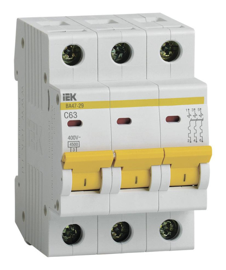 Выключатель автоматический IEK MVA20-3-063-C ВА47-29 63A тип C 4.5kA 3П 400В 3мод белый (упак.:1шт) - фото 1 - id-p223038705