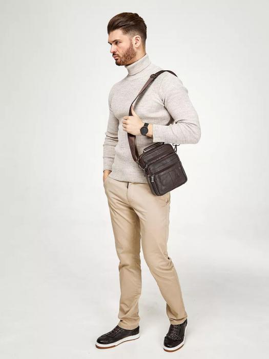 Мужская сумка через плечо кожа вертикальная маленькая наплечная красивая поло барсетка классика коричневая - фото 10 - id-p223108777