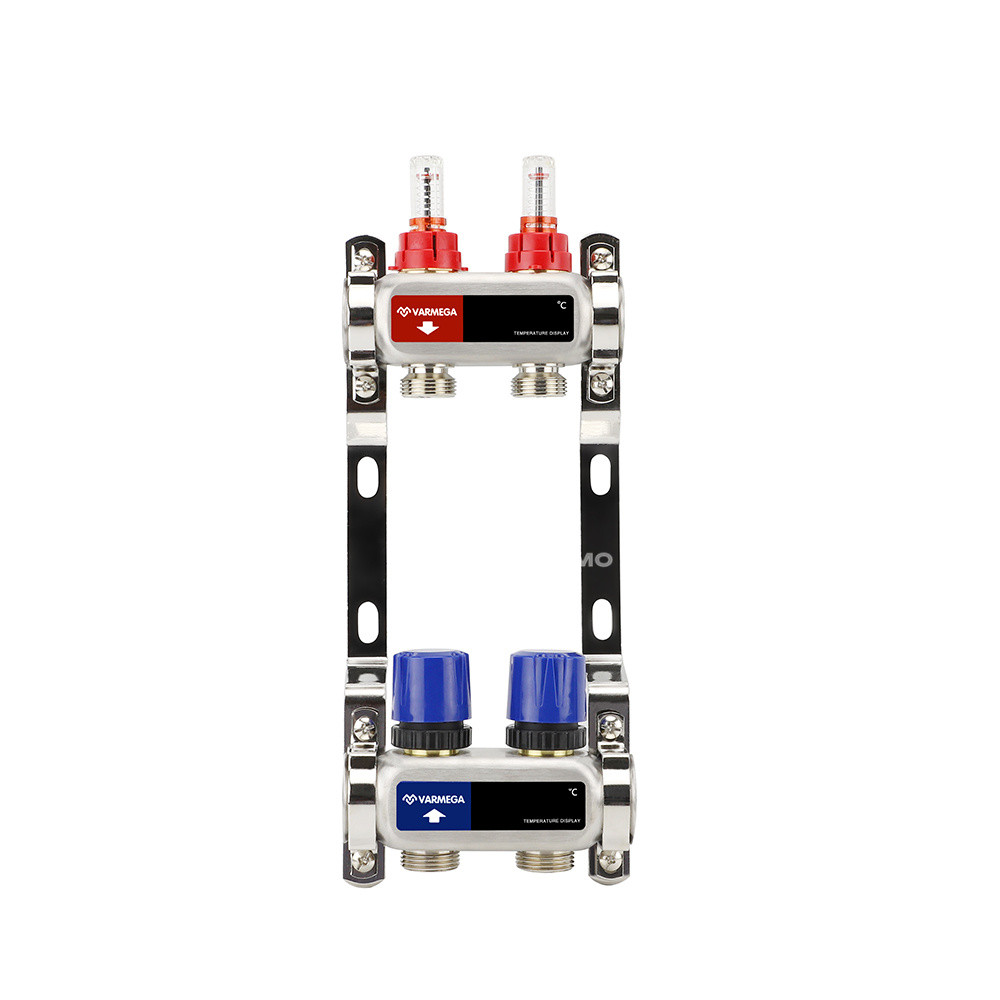 Распределительный коллектор (группа) с расходомерами Varmega VM15102 ВР 1", на 2 контура 3/4" EK, нержавеющая