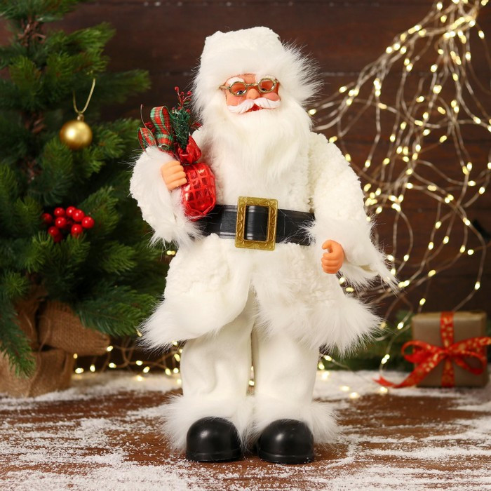 Дед Мороз "В меховом белом костюмчике, с мешком" двигается, 20х40 см - фото 1 - id-p223123980