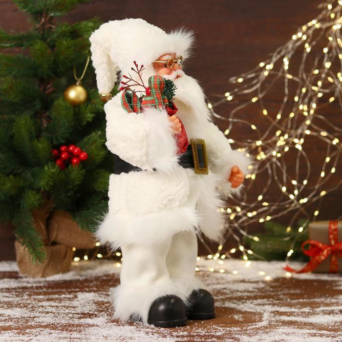 Дед Мороз "В меховом белом костюмчике, с мешком" двигается, 20х40 см - фото 4 - id-p223123980