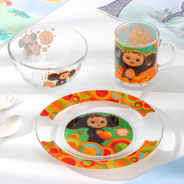 Набор посуды «Чебурашка», 3 предмета: тарелка,миска, кружка, в подарочной упаковке, стекло - фото 1 - id-p223124002
