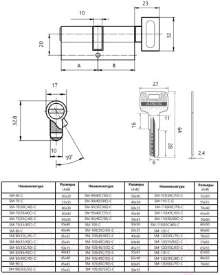 Цилиндровый механизм замка Apecs SM-80-C-NI - фото 3 - id-p223141973