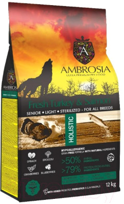 Сухой корм для собак Ambrosia Grain Free для пожилых с избыт. весом индейка и лосось / U/ATS12 - фото 1 - id-p223142168