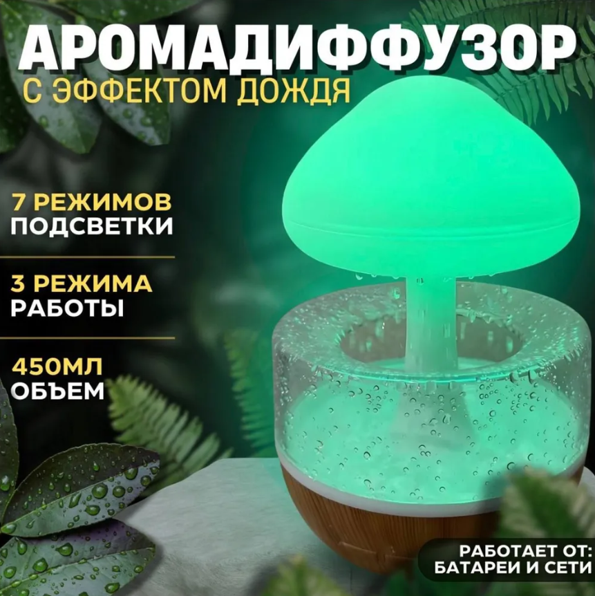 Увлажнитель воздуха с подсветкой Гриб (Облако) Cloud Rain Humidifier / Аромадиффузор / Ночник / эффект дождя - фото 1 - id-p223151556