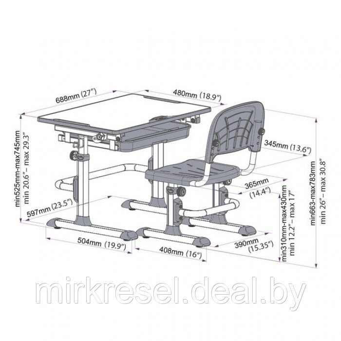 Комплект Fundesk CUBBY Lupin парта и стул - фото 2 - id-p223154505