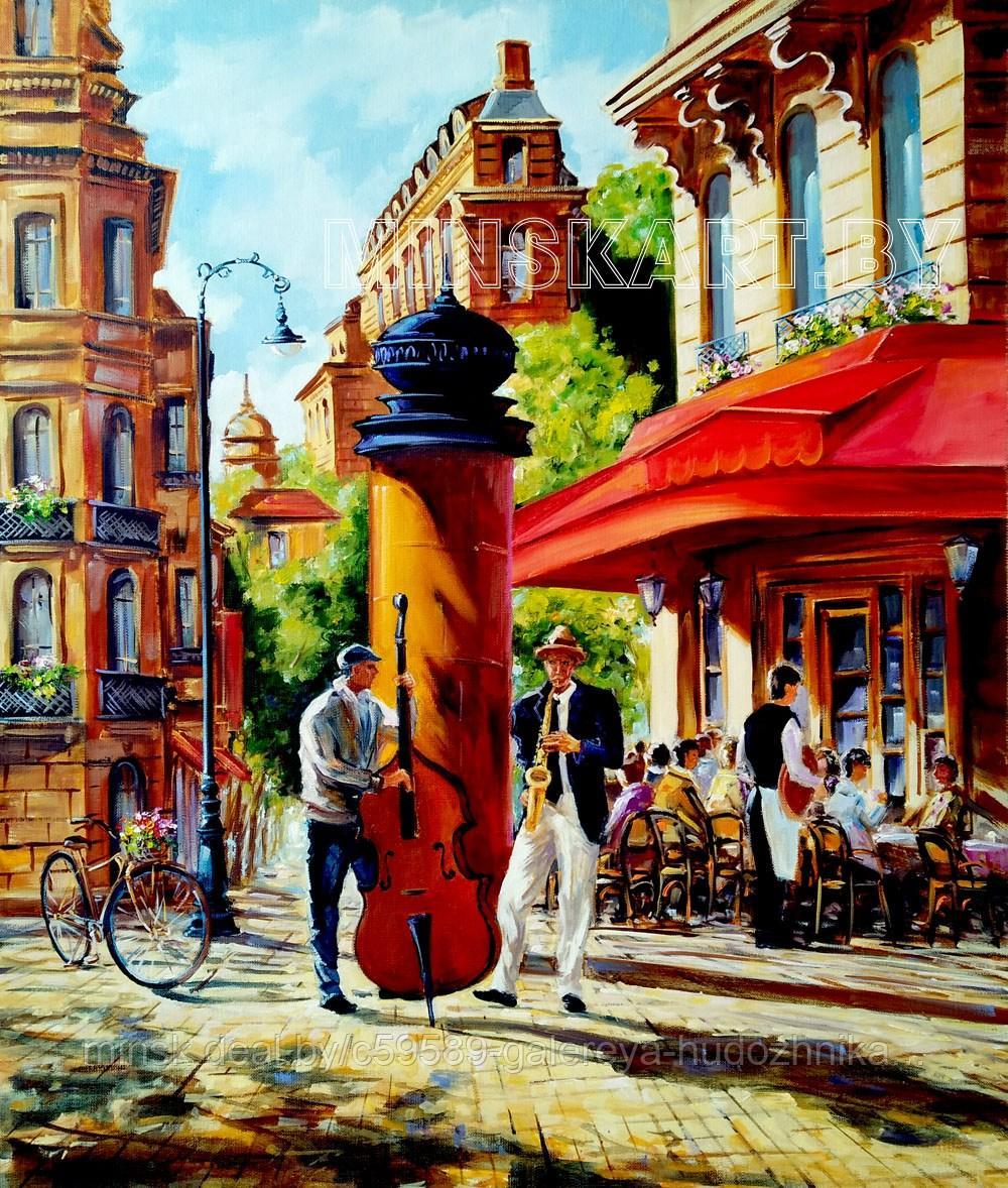 Париж, уличные музыканты Городской пейзаж маслом. Достопримечательности - фото 1 - id-p223163956