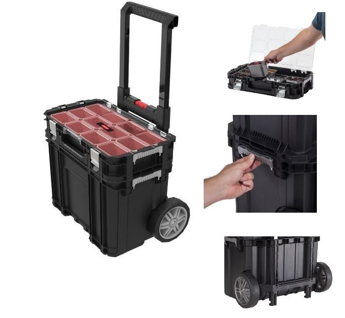 Набор ящиков для инструментов на колесах Keter Connect Cart + organizer set 58,8L, чёрный/красный - фото 2 - id-p191638611