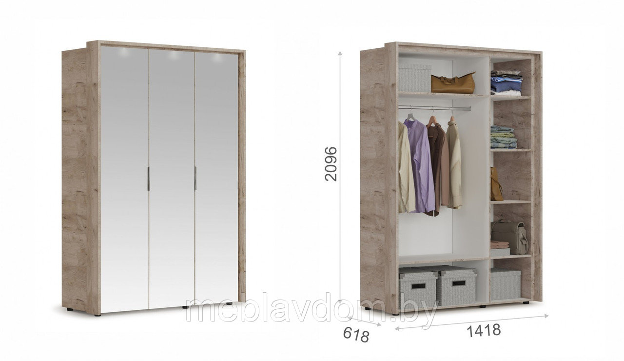 Распашной шкаф Джулия трехдверный (3 зерк) с порталом Крафт серый/белый глянец - фото 2 - id-p223192015