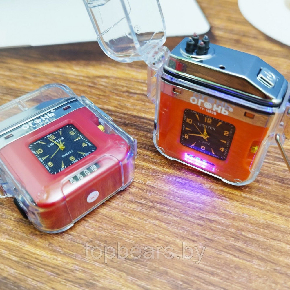 Электронная водонепроницаемая пьезо зажигалка - фонарик с сувенирными часами и USB зарядкой LIGHTER Огонь / - фото 2 - id-p223112441