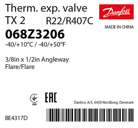 ТРВ Danfoss TX 2 068Z3206 (R22/R407c 3/8 х 1/2 резьба -40/+10°C), фото 2