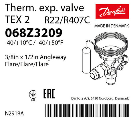 ТРВ Danfoss TEX 2 068Z3209 (R22/R407c 3/8 х 1/2 резьба -40/+10°C) 068Z3209, фото 2