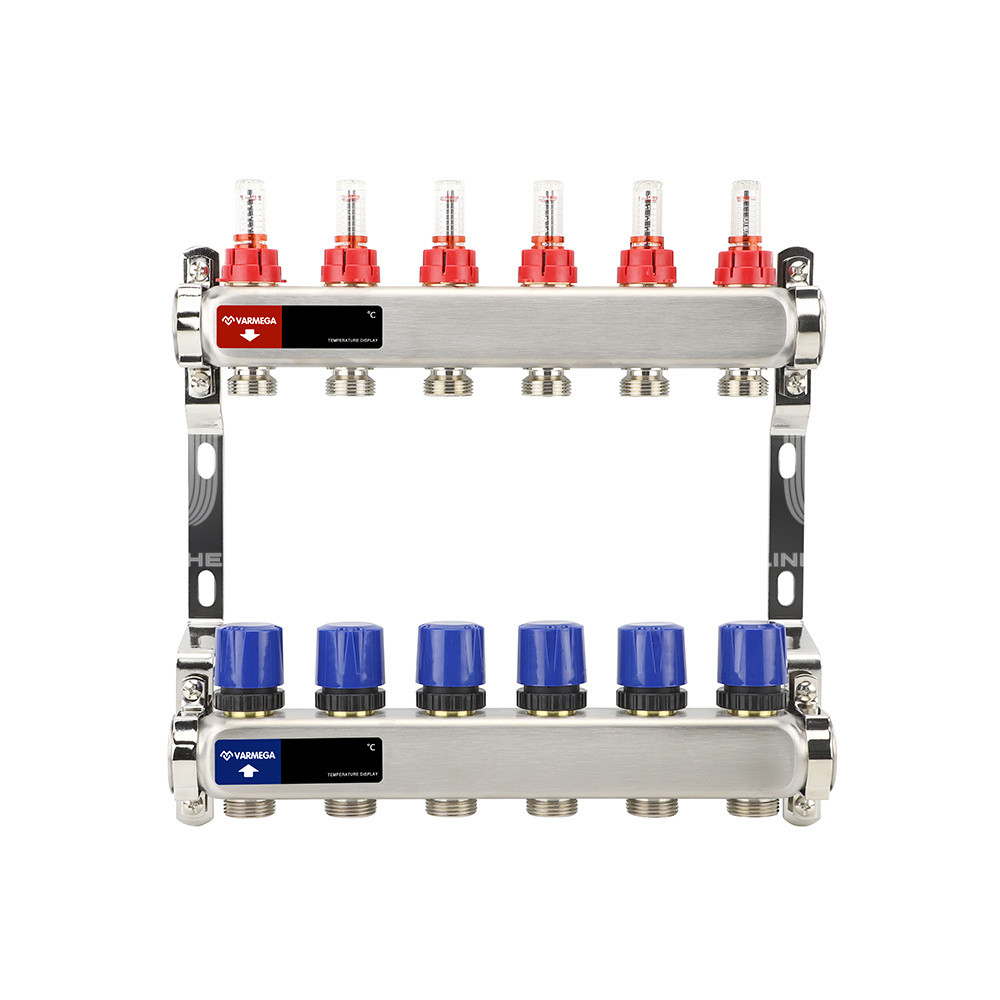 Распределительный коллектор (группа) с расходомерами Varmega VM15106 ВР 1", на 6 контуров 3/4" EK, нержавеющая