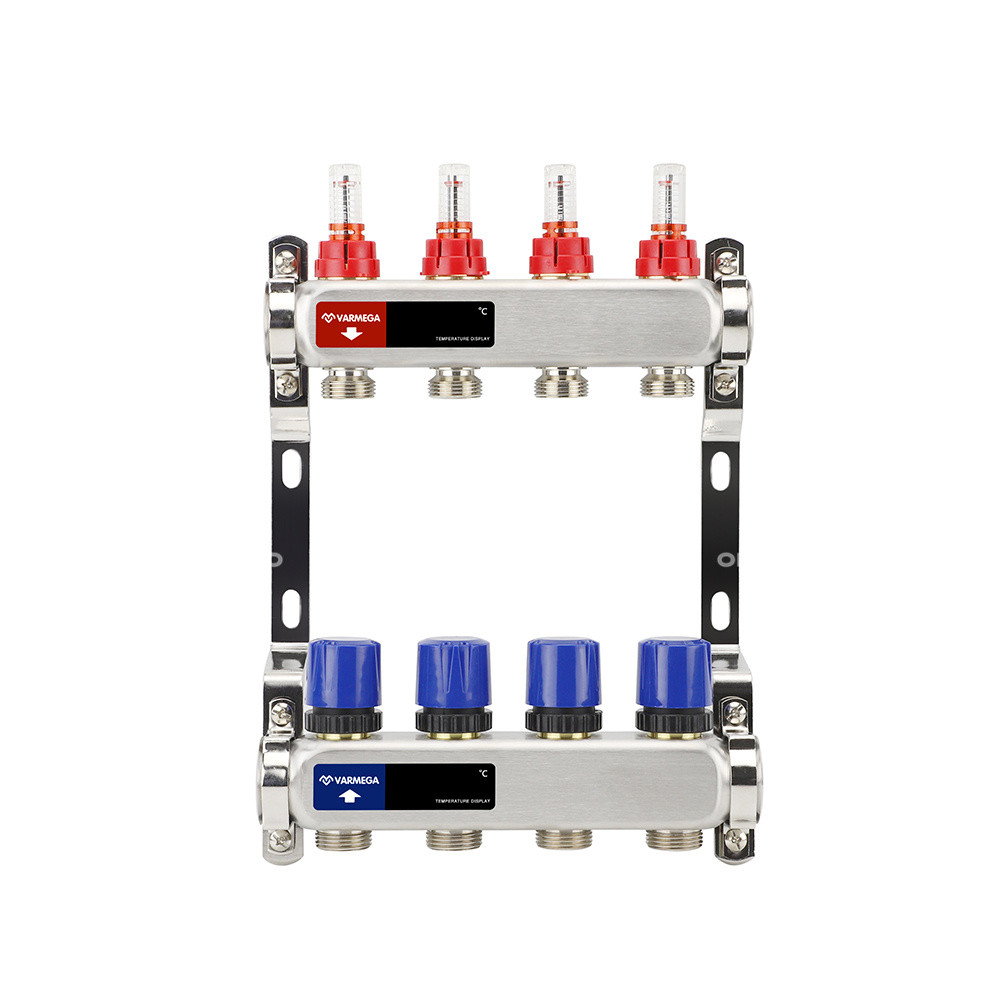 Распределительный коллектор (группа) с расходомерами Varmega VM15104 ВР 1", на 4 контура 3/4" EK, нержавеющая