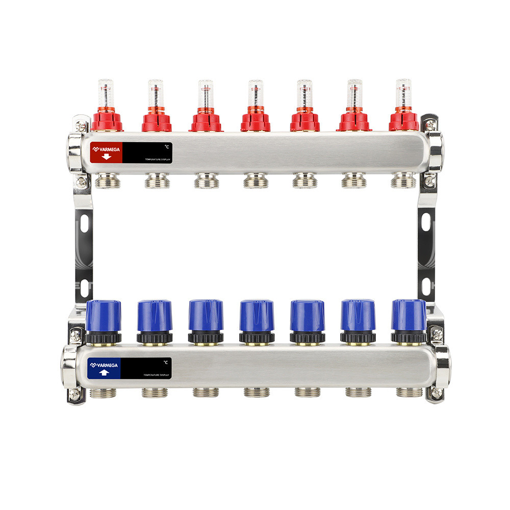 Распределительный коллектор (группа) с расходомерами Varmega VM15107 ВР 1", на 7 контуров 3/4" EK, нержавеющая - фото 1 - id-p223221513